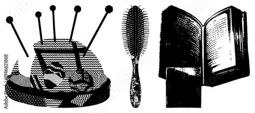 Black and white halftone graphic of sewing pin cushion, vintage hairbrush, and open book, isolated vector art for design, craft, or educational use.