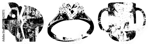 Stylized black and white graphic of fragmented head, diamond ring, and mug with halftone texture, vector art, isolated.