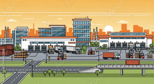 Industrial Area with Warehouses and Trucks at Sunset.