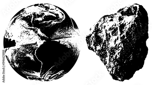 Planet Earth globe and asteroid rock, halftone dot, black and white vector art, space celestial, cosmic objects, planetary science illustration.