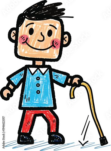 Elderly man walking with cane doodle vector