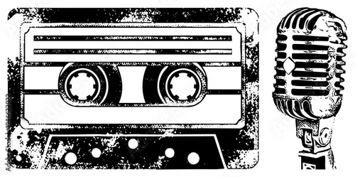 Retro cassette and vintage microphone, analog recording gear, nostalgic music equipment, 80s tech, vinyl era, nostalgia, sound engineering tools.