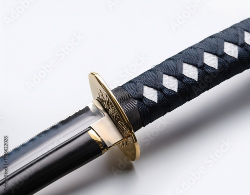 sharpened japanese katana with detailed hilt and scabbard on white background