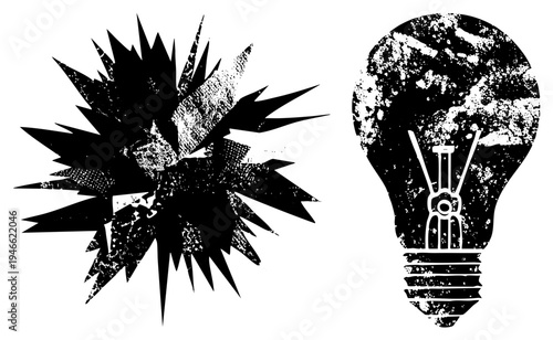 Graphic symbols of sudden inspiration and innovation, stylized explosion and classic bulb, design, creative visuals.