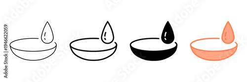 Set of oil lamp icons with flame, traditional diya light symbol collection, outline and solid vector illustration isolated on transparent background