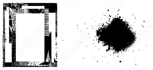 Stylized ink blot with splattered texture, framed by layered geometric shapes, halftone, and high contrast vector design.