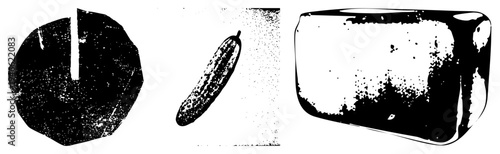 Vector illustration of stylized shapes with gritty halftone textures, including octagon, cucumber silhouette, and block form, rendered in with artistic grain.