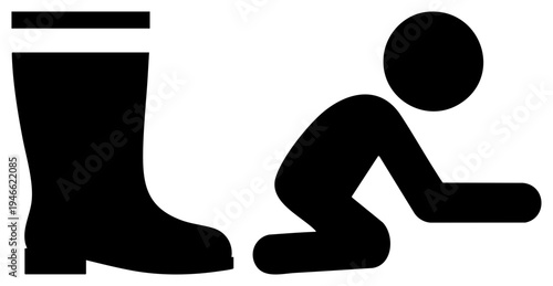 Person in simplified silhouette kneeling next to rain boot, weather, outdoor gear, waterproof footwear, minimalist graphic, glyph symbol, user interface element.