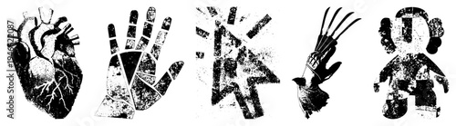 Distressed halftone vector of heart, hand, arrow, claw glove, and stylized figure, isolated graphic elements with textured decay effect.