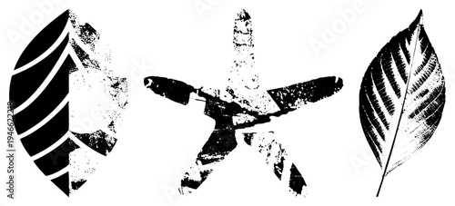 Stylized leaf, airplane, and leaf rendered in high contrast grunge vector art, featuring textured halftone effects, graphic design elements, isolated foreground subjects.