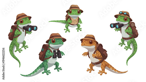 Cute Cartoon Gecko Explorers Set with Safari Hats, Backpacks, and Binoculars. Adorable Lizard Adventurers on White Background.