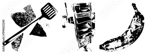 Black and white halftone vector art of spatula, fridge, and banana. Kitchen tools, food, appliance. Stylized silhouette, textured dots, isolated elements.