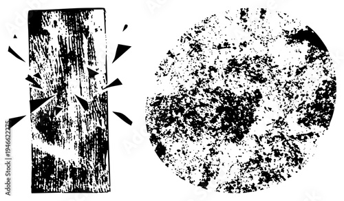 Rough wooden plank with splintered edges and distressed grain, paired with a speckled circular texture, both in high contrast black and white, ideal for vintage or industrial design.