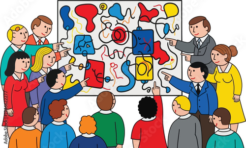 Team solving puzzle together doodle vector