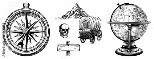 Classic travel compass rose, covered wagon, skull signpost, globe, mountain peak, adventure motifs, gear, cartographic elements.