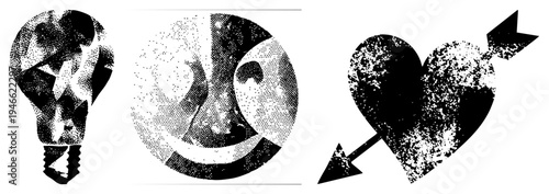 Black and white halftone graphic lightbulb symbolizing ideas, face for positivity, heart pierced by arrow for love. Vector art with dot texture.