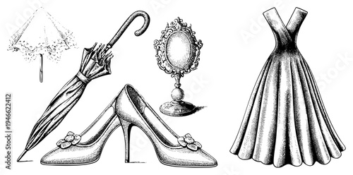 Elegant high heels with adornments, ornate hand mirror, lace parasol, and flared gown classic feminine accessories rendered in detailed halftone engraving.