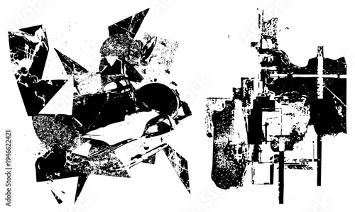 Collage of shattered shapes, halftone textures, fragmented forms, graphic design elements, vector art pieces.