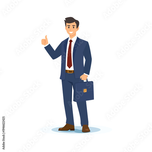 Professional businessman character illustration, smiling office worker in navy suit holding briefcase, successful entrepreneur giving thumbs up flat vector.