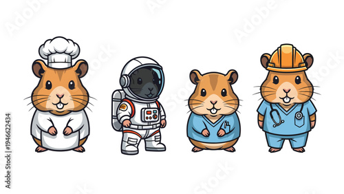 Cute Cartoon Hamsters in Diverse Professions: Chef, Astronaut, Nurse, and Construction Worker