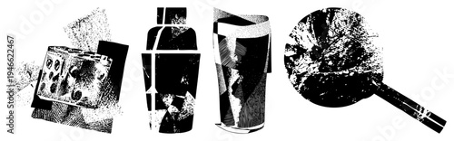 Retro halftone illustrations of classic kitchen and bar tools vintage radio, cocktail shaker, drinking glass, frying pan stylized in vector art.