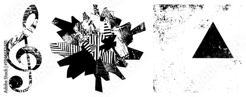 Vector graphic featuring treble clef, fragmented starburst, and triangle with distressed textures, design, artistic composition, graphic art elements.