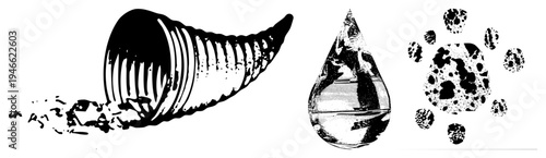 Stylized horn spilling fragments, droplet with halftone texture, cellular cluster with speckled minimalist vector graphics for design projects.