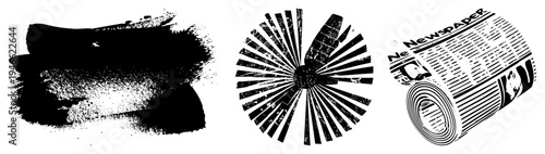 Graphic design elements textured brushstroke, sunburst, newspaper roll. vector art for or themes. Abstract, stylized, high contrast visuals.
