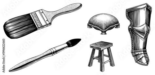 Hand drawn artist brushes, medieval hat, wooden stool, knight’s greave, engraved art, vintage illustration set, creative tools, historical gear.