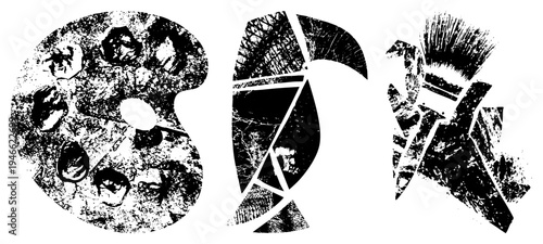 Black and white graphic design featuring stylized glyphs with halftone textures, geometric fragments, and distressed. Artistic vector with bold and textured fills.