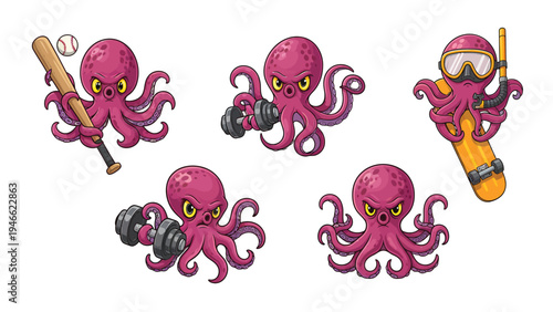 Sporty Cartoon Octopus Set: Baseball, Weightlifting, and Surfing Aquatic Characters