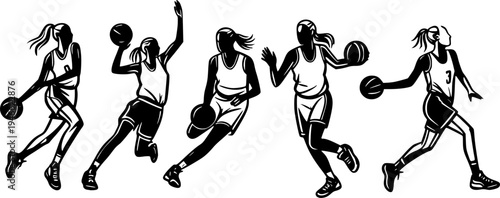 Set of female basketball players silhouettes. Women team in action doing dribbling and passing isolated on white background