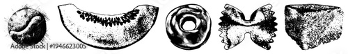 Hand drawn halftone food sketches with textured grain, melon slice, donut hole, bowtie pasta, and ancient stone fragment, rendered in vector style.