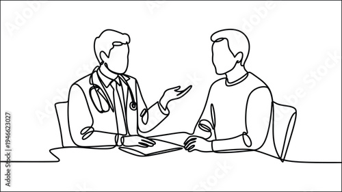 Continuous one line of a doctor raising his hand while giving advice to a patient, symbolizing explanation in medicine, minimal line art healthcare consultation concept, clean vector illustration