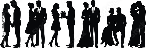 Elegant romantic couple silhouettes collection, man and woman hugging kissing holding gift sitting together love relationship vector illustration set