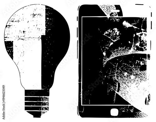 Stylized smartphone screen with digital glitch art, broken bulb, pixelated textures, tech malfunction concept, modern digital disruption, isolated vector graphic.