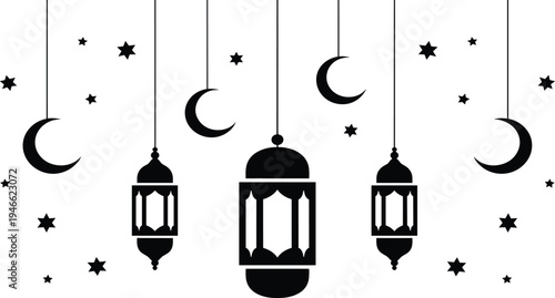Black Islamic crescent moons and ornate lanterns hanging with stars on white background
