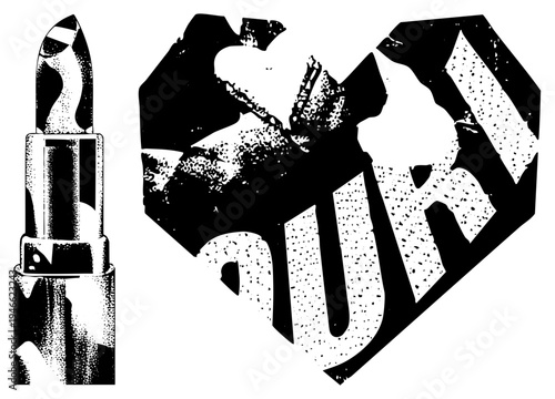 Cracked heart shape with "DUR" text, halftone, bold black and white, vintage graphic, cosmetic, emotional symbol, vector art.
