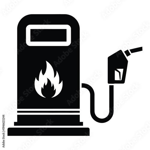 Black and white icon of a gas pump with a nozzle and flame icon