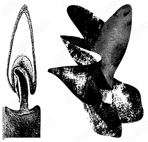 Retro styled candle with textured flame and abstract sculptural form, halftone dot, vector art, design, artistic illustration.