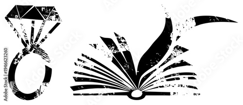 Diamond engagement ring and open book, graphic design elements, vector art,, vintage style, educational or romantic symbolism.