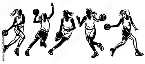 Set of female basketball players silhouettes. Women team in action doing dribbling and passing isolated on white background