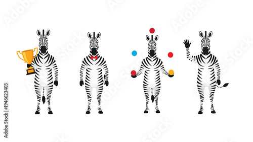 Zebra Character Set: Trophy Winner, Bow Tie Wearer, Juggler, and Waving Zebra Vector Illustration