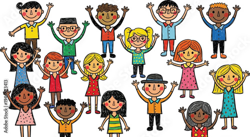 Happy children group doodle vector