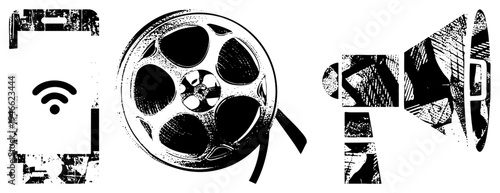 Retro film reel, smartphone with Wi Fi, megaphone, distressed black and white vector, gritty texture, communication symbols.