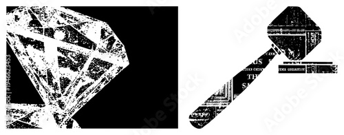 Distressed diamond gemstone and auction hammer, halftone grit texture, vector art, legal auction symbols, black and white graphic design.