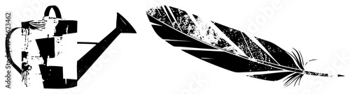 Black and white stylized watering can and feather, gardening tool and writing symbol, vector graphic, rustic texture, creative design elements.