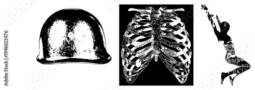 Graphic design featuring helmet, ribcage anatomy, and dynamic human silhouette, all in halftone style. Vector art for medical, fitness, or safety themes.