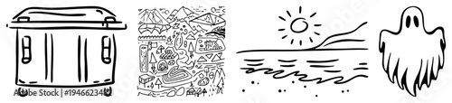 Simple vector illustrations of trash bin, topographic map, sun over water, and spooky ghost, all in clean style, ideal for UI or design elements.