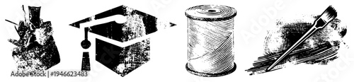 Artistic tools including paintbrush, thread spool, graduation cap, and sewing kit, rendered in halftone texture with distressed vector style.